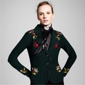 Brooks Brothers Green Embroidered Blazer Sweater Jacket 100% Wool